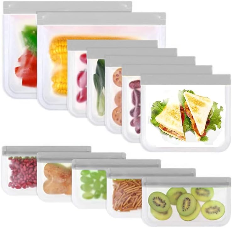 YECELINST 12 Csomagolás Újrahasználható Élelmiszer Tároló Zsák, Mosogatógépben mosható, Újrahasználható Ziplock Táskák