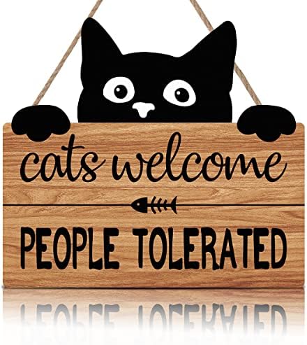 LHIUEM Vicces Macska Üdvözlő Táblát, a Macskák Üdv Emberek Tolerálható Kitty Cica Lábnyom Fából készült Emléktábla,
