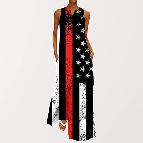 A függetlenség Napja Ruhák Nők V-Nyak Ujjatlan Amerikai Zászló Nyomtatás Maxi nyári Ruha Alkalmi Tartály Ruha Zsebekkel