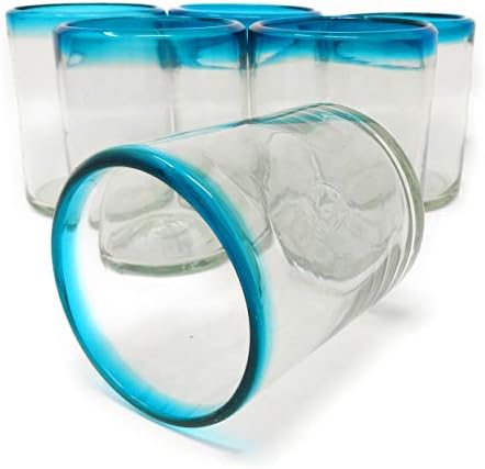 Dos Sueños Kézzel Fújt Mexikói ivópohár - Készlet 6 Dobon Szemüveg Aqua Kék Felni (10 oz minden)