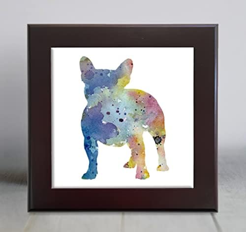 Francia Bulldog Kék Absztrakt Művészeti Akvarell Díszítő Mozaik (6 X 6 Keretes)