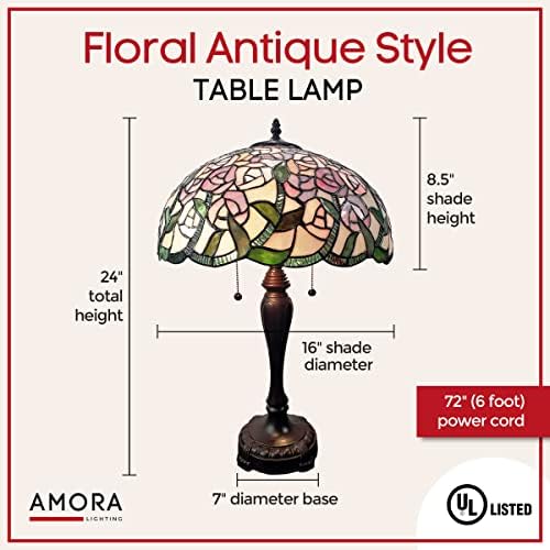 Amora Vintage Tiffany asztali Lámpa - Rózsaszín Rózsa, Szőlő Táblázat Éjszakai Fény - Multicolor Üveg Éjjeliszekrény